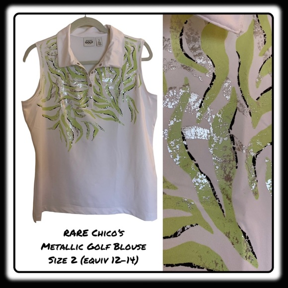 Chico’s RARE silver foil & lime golf blouse lightweight sz 2 (12-14) - Picture 1 of 6